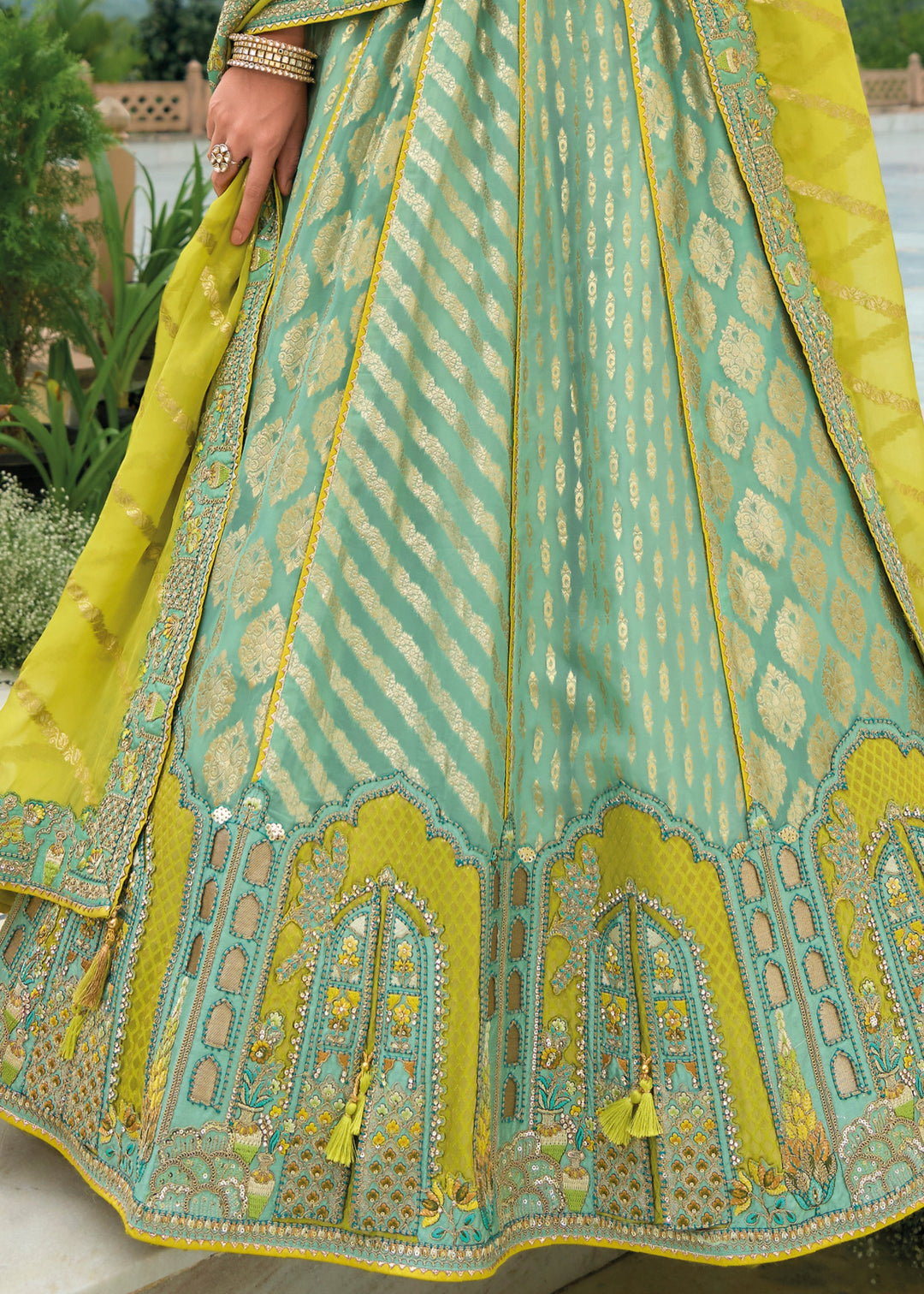 Mint Green Banarasi Silk Lehenga With Heavy Embroidery Work