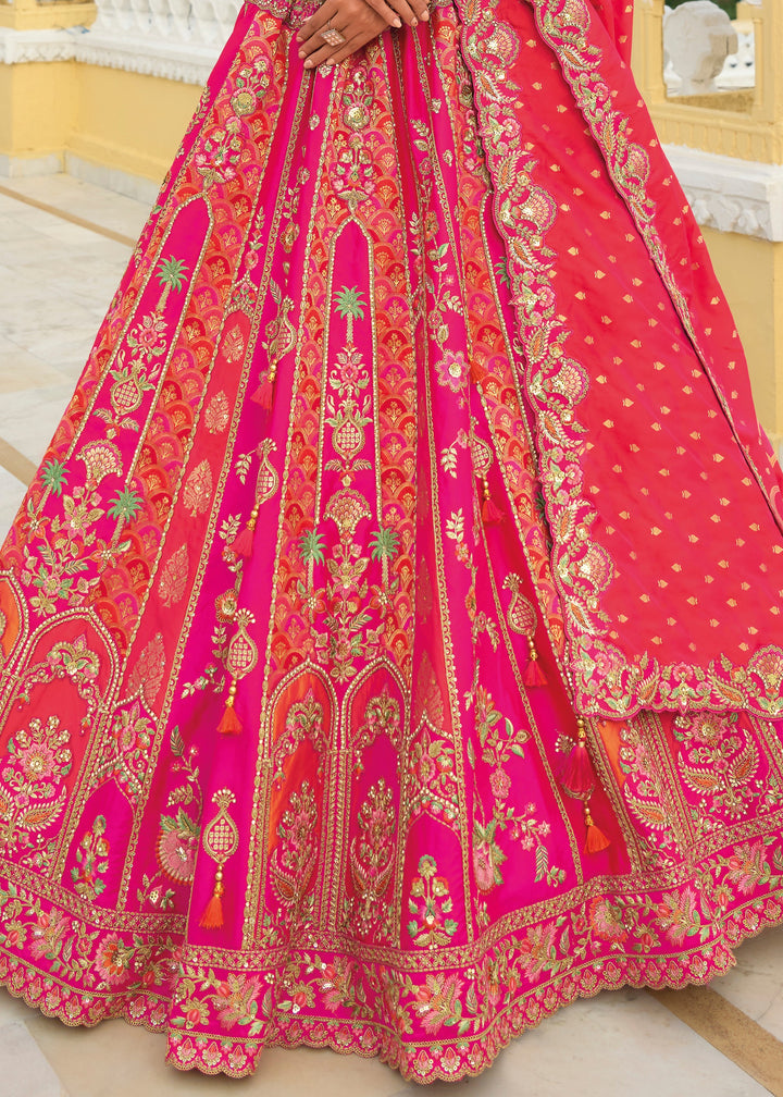 Magenta Pink And Orange Banarasi Silk Lehenga With Heavy Embroidery Work