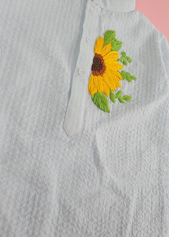 Organic Cotton Hand Embroidered Light Blue Kurta with Pajama - Sunflower