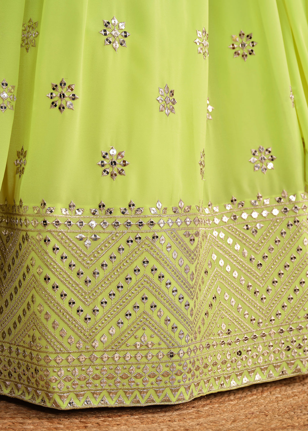 Neon Green Georgette Lehenga Choli With Sequins Zari Embroidered Work