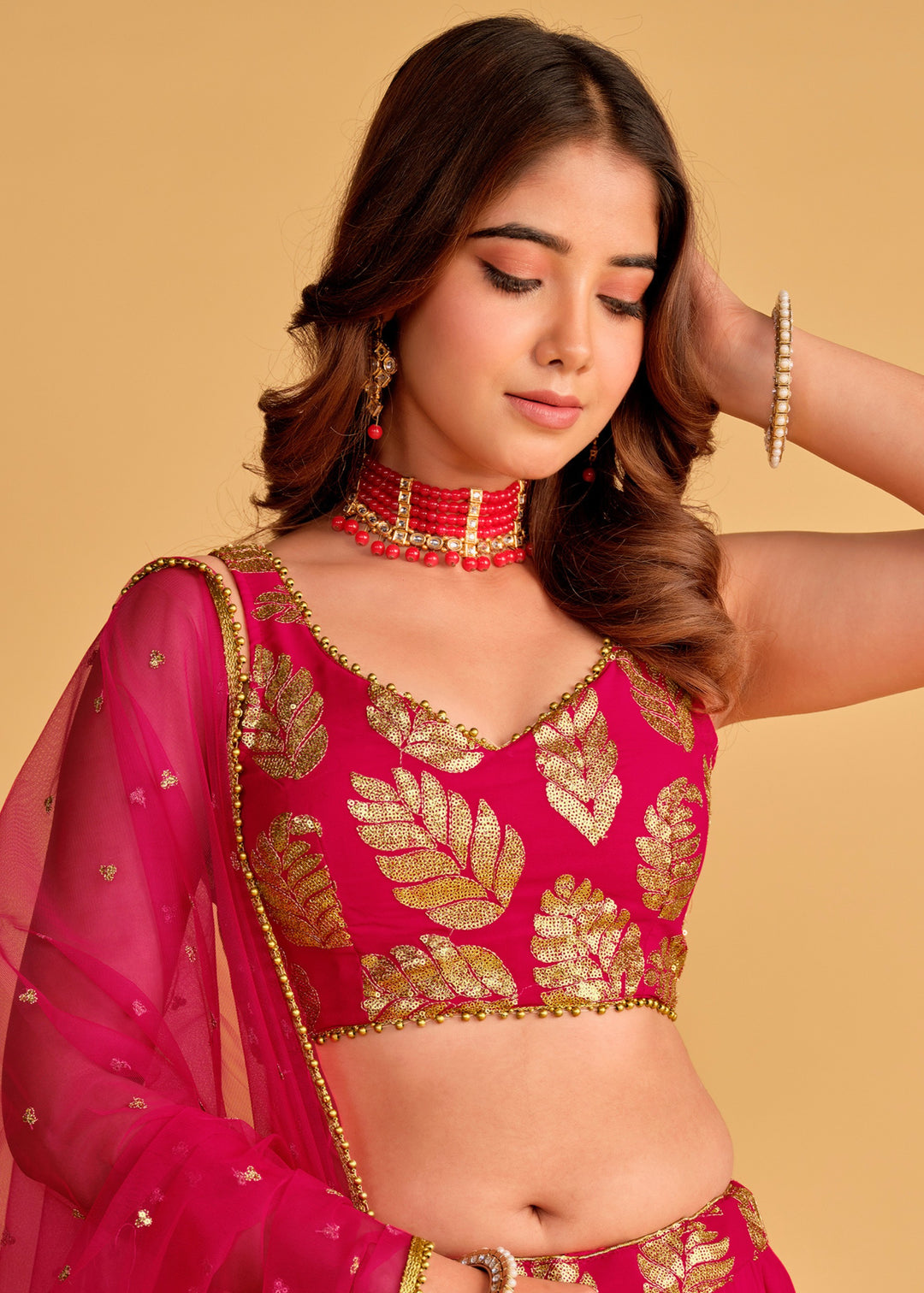 Cerise Pink Georgette Lehenga Choli With Sequins Zari Embroidered Work