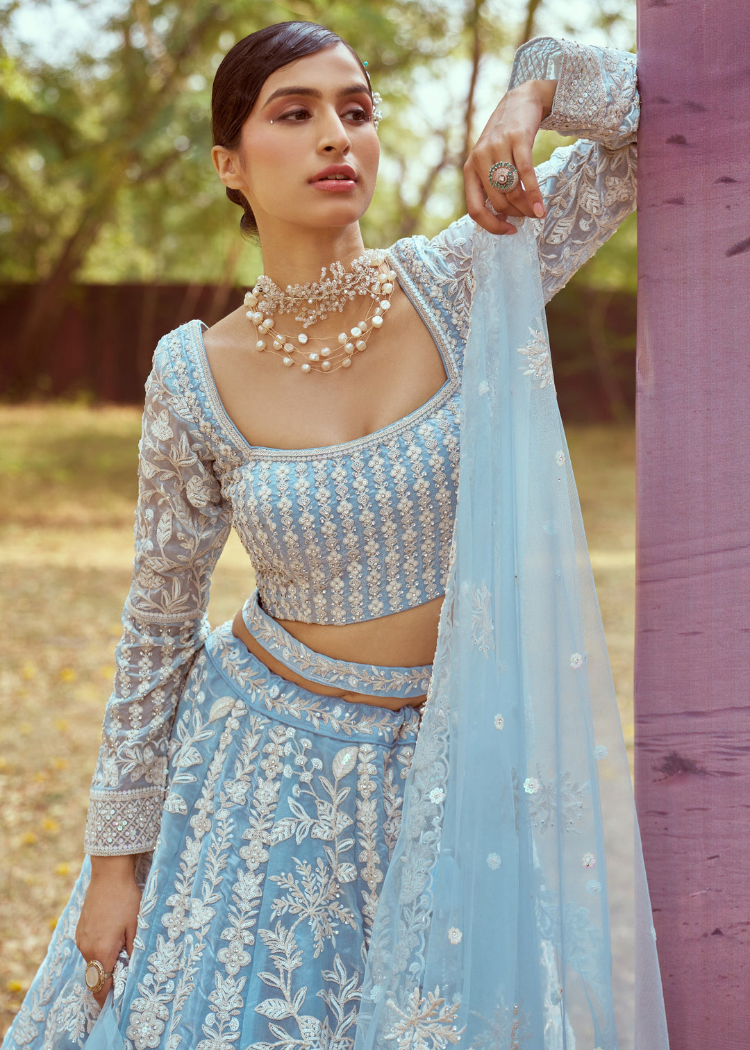 Sky Blue Organza Sequins embroidery Lehenga