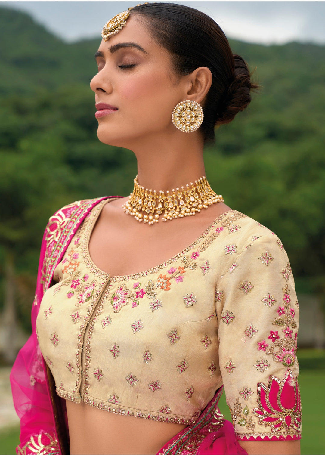 Off White And Pink Banarasi Silk Lehenga With Heavy Embroidery Work