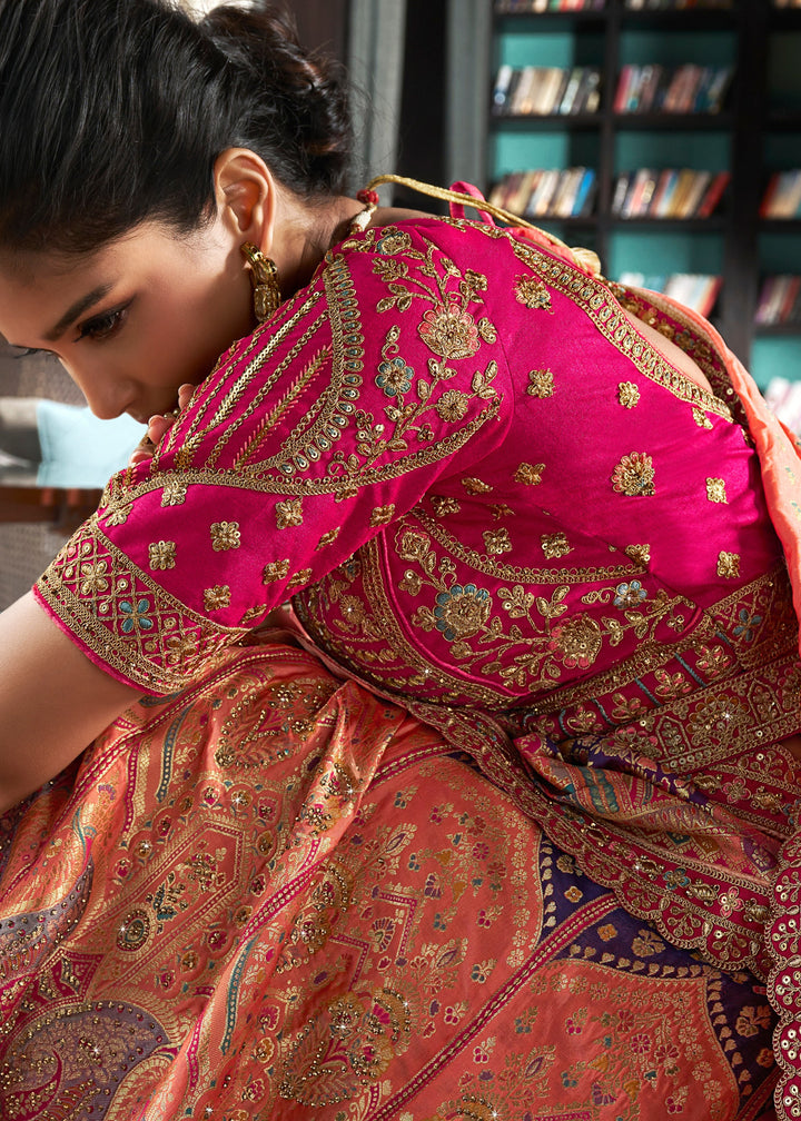 Coral Pink Banarasi Silk Lehenga with Zarkan Codding work