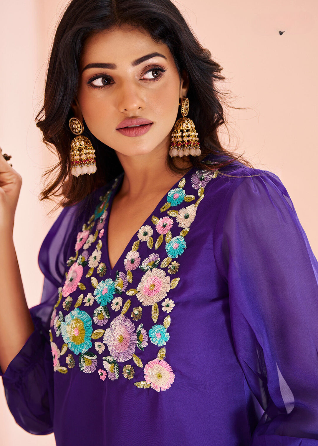 Vibrant Purple Organza Handwork Kurta with Pant