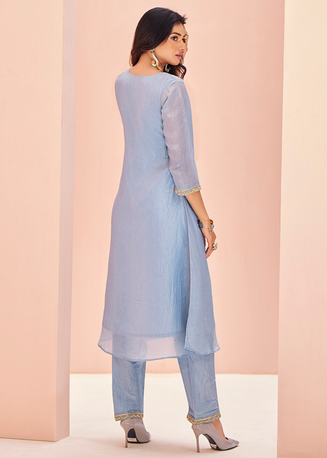 Pastel Blue Organza Handwork Kurta with Pant