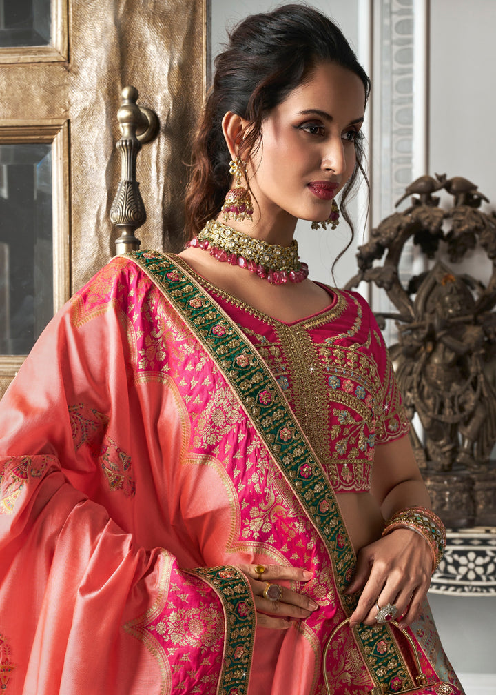 Peach & Pink Banarasi Silk Lehenga with Zarkan Codding work