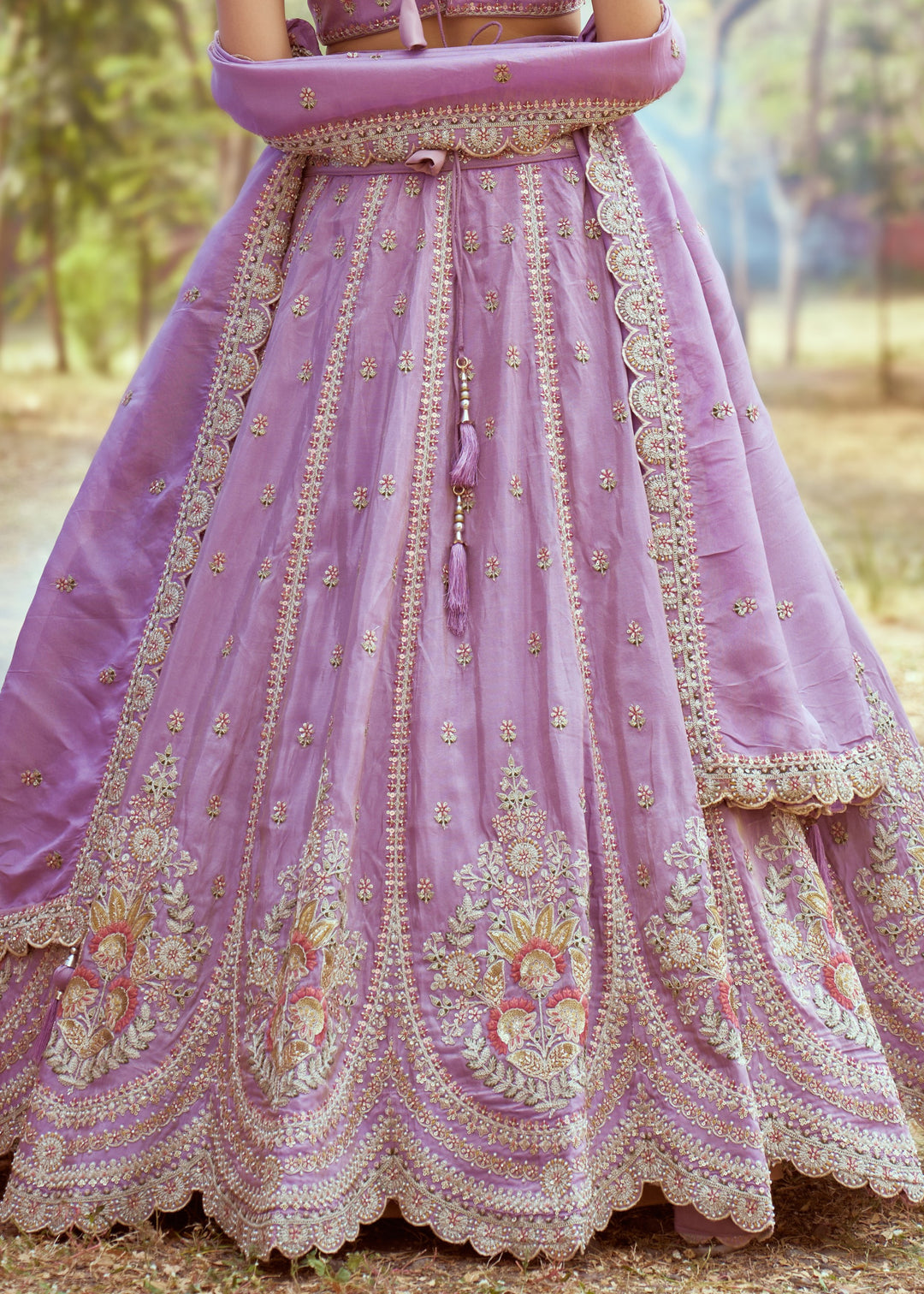 Lavender Gold crushed Tissue Fabric Moti, Zari work Lehenga