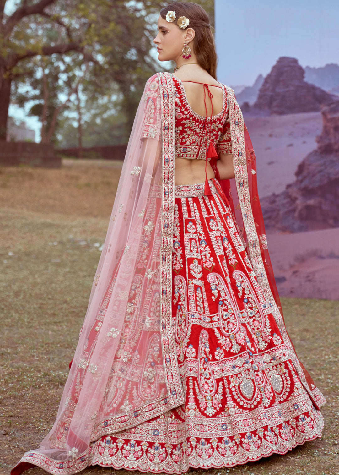 Red Pure silk Moti, Sequins embroidery Bridal Lehenga