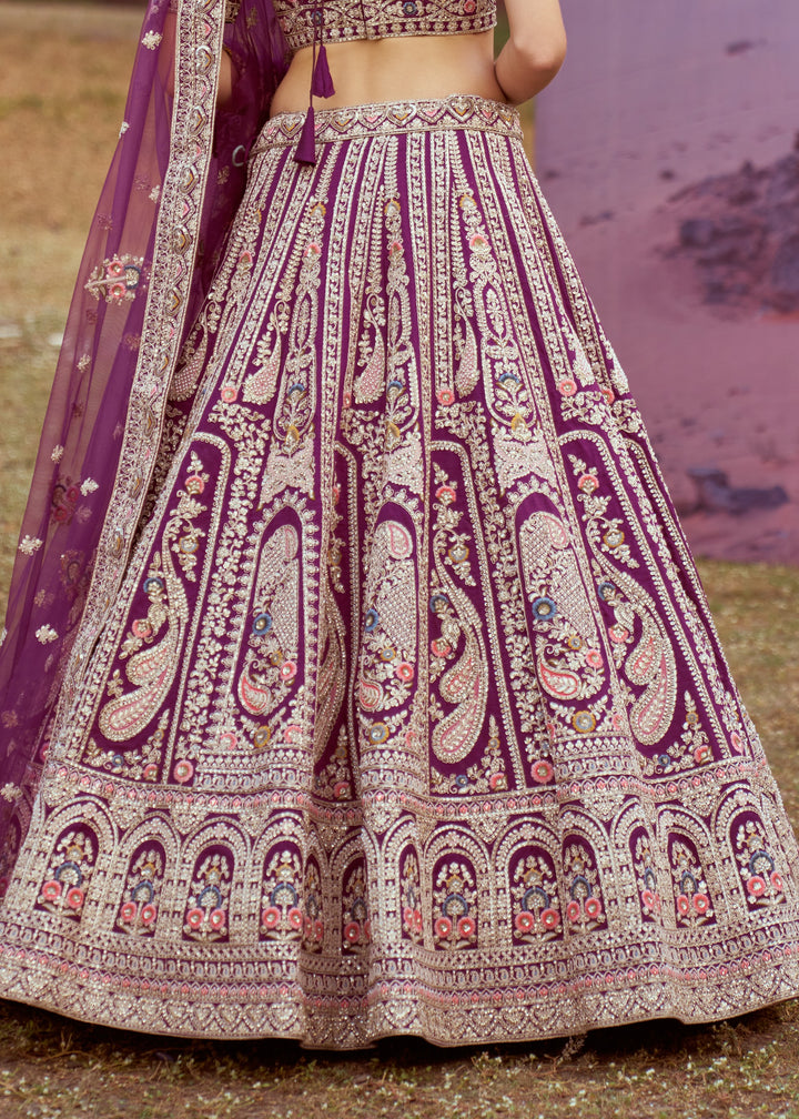 Dark Purple Pure silk Moti, Coding embroidery Bridal Lehenga