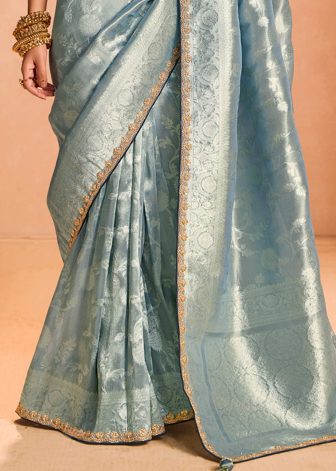 Pacific Blue Zari Tissue Silk Saree With Weaving Work And Heavy Embroidery Lace