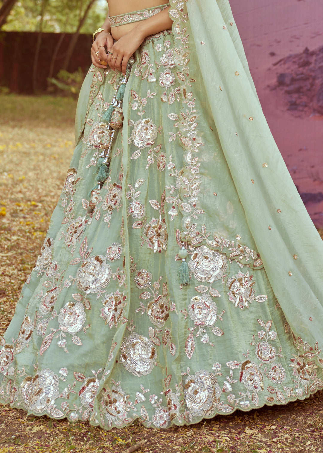 Lime Green Organza Sequins embroidery Lehenga