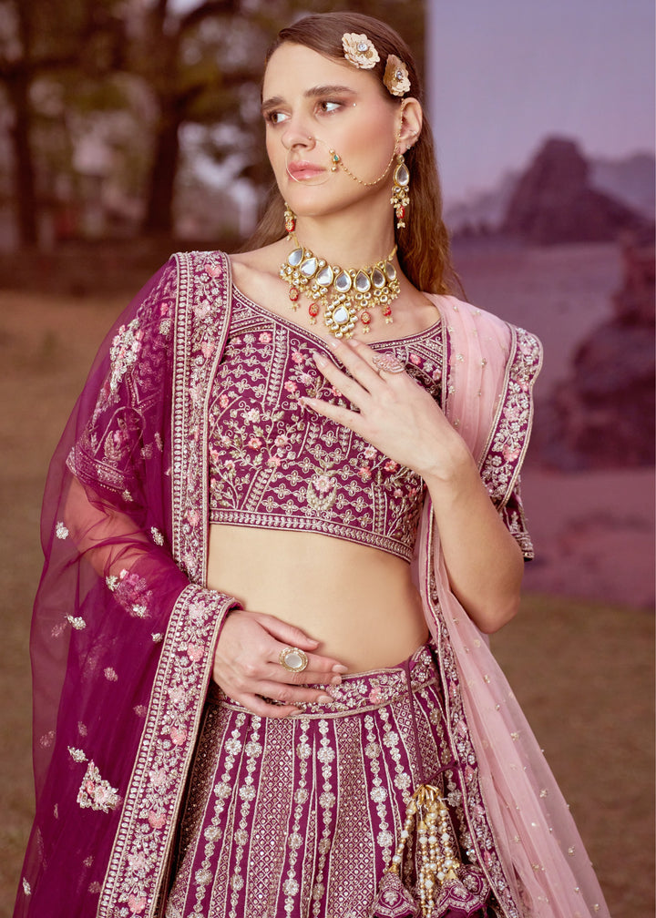 Purple Pure silk Moti, Sequins embroidery Bridal Lehenga