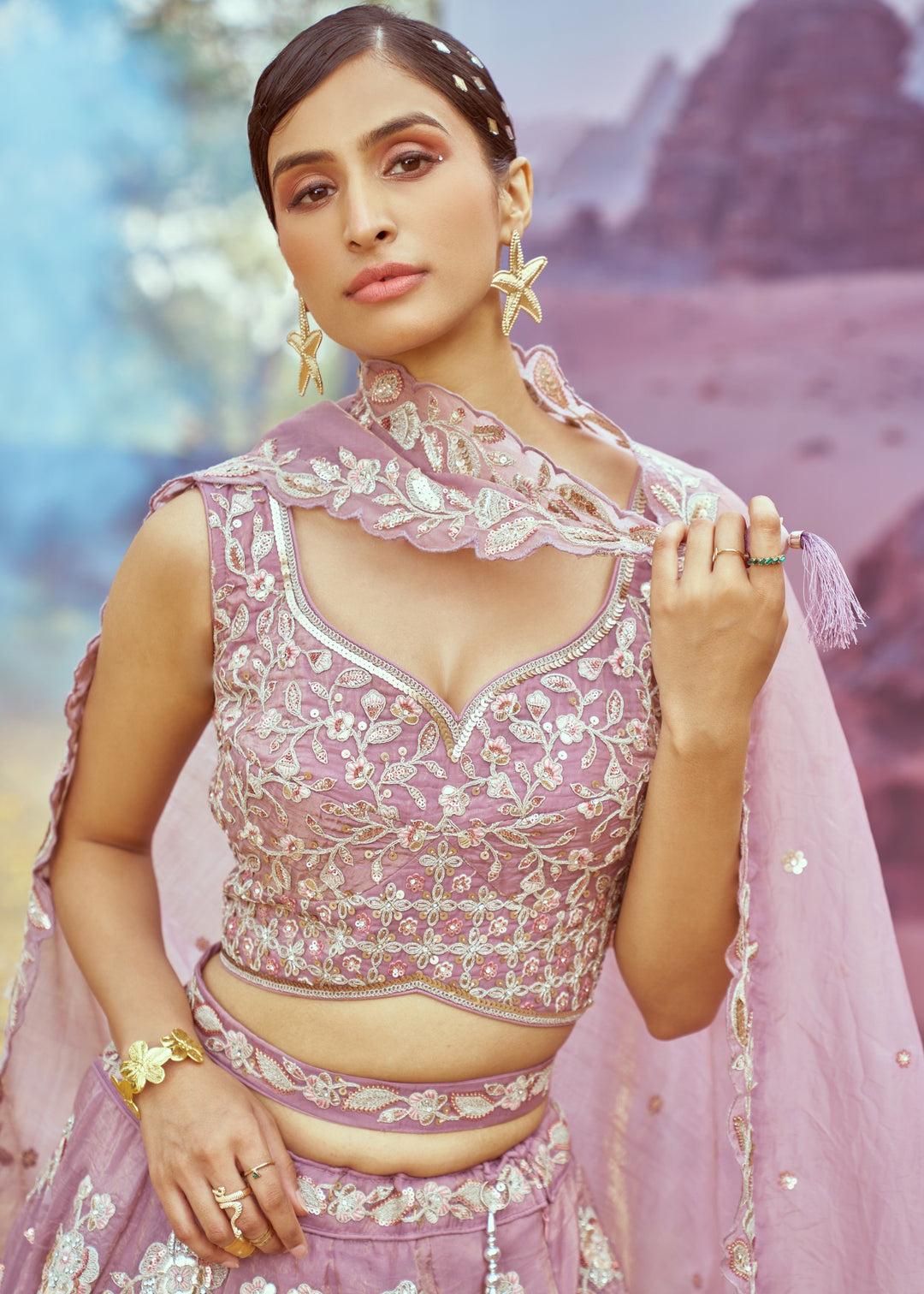 Lavender Organza Sequins embroidery Lehenga