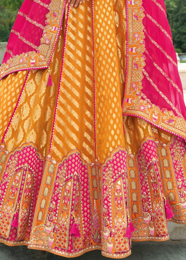 Bright Orange Banarasi Silk Lehenga With Heavy Embroidery Work