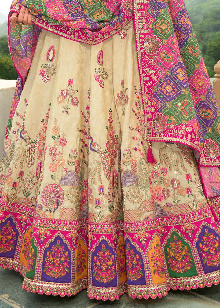 Pink And Cream Banarasi Silk Lehenga With Heavy Embroidery Work