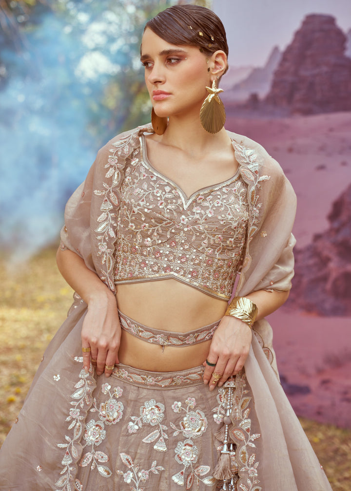 Beige Organza Sequins embroidery Lehenga