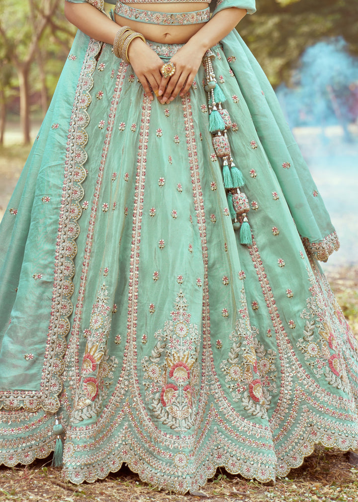 Seagreen Gold crushed Tissue Fabric Moti, Zari work Lehenga