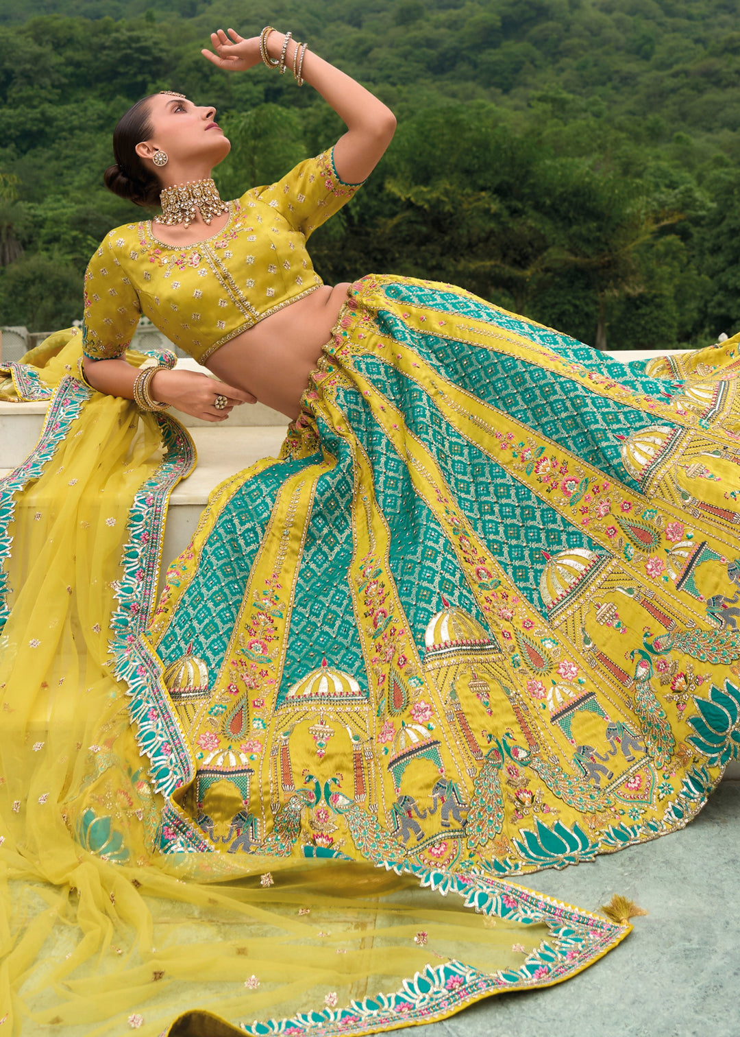 Pear Green Banarasi Silk Lehenga With Heavy Embroidery Work