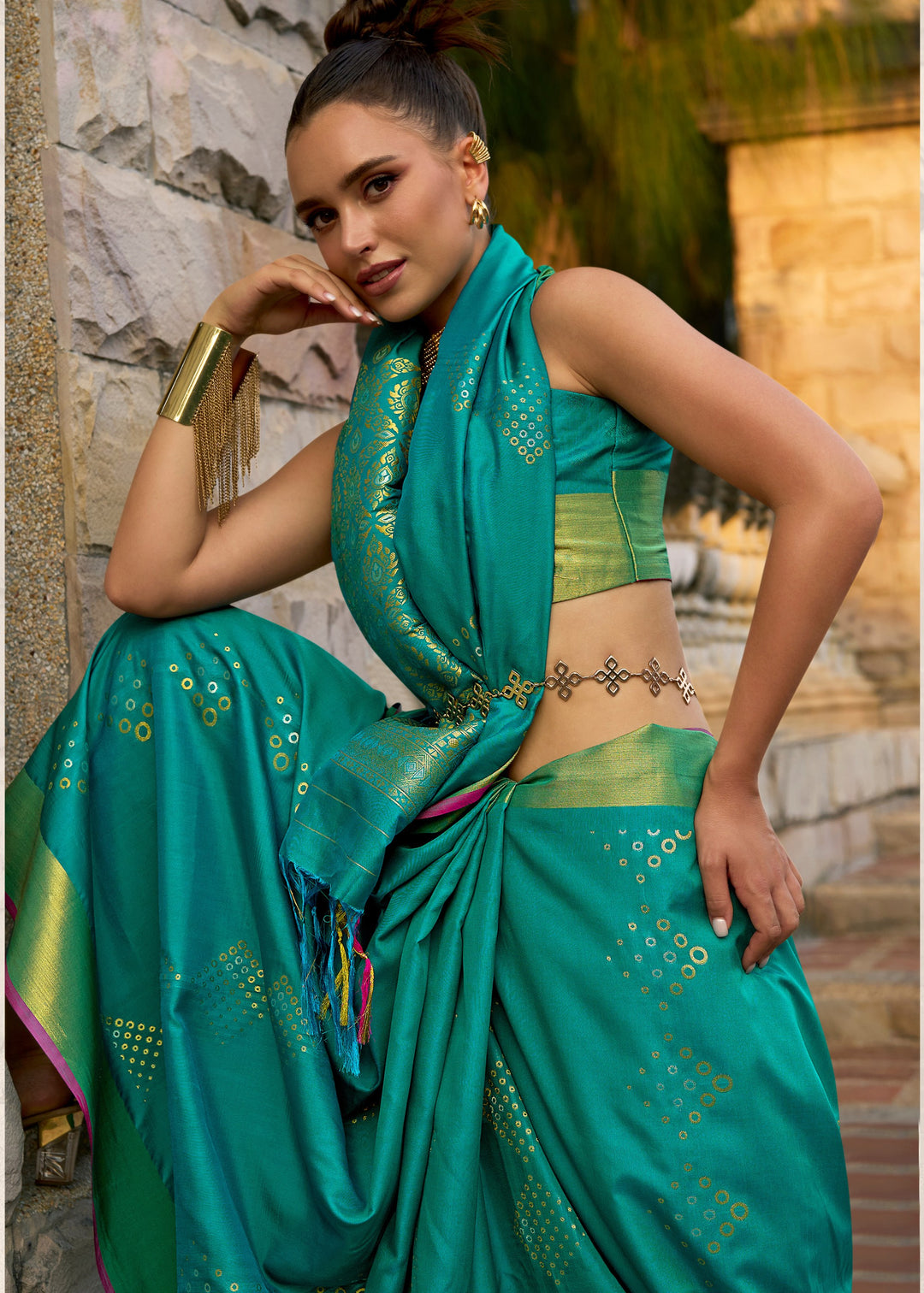 Light Green Handloom Weaving Satin Silk Saree