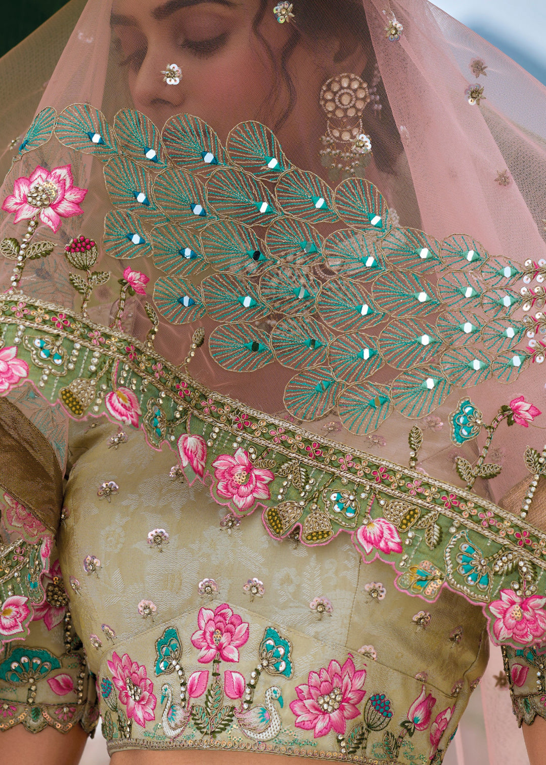 Pista Green and peach Viscose Tissue Lehenga Choli with Embroidery Work : Top Pick