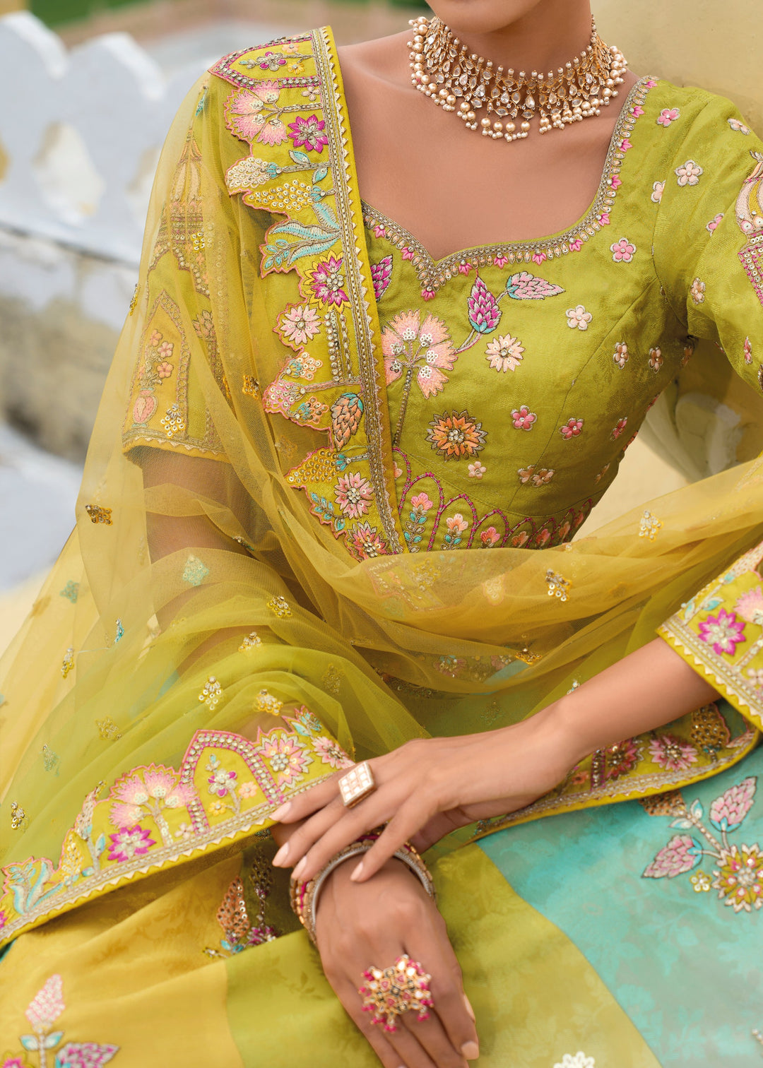 Lime Green Banarasi Silk Lehenga With Heavy Embroidery Work