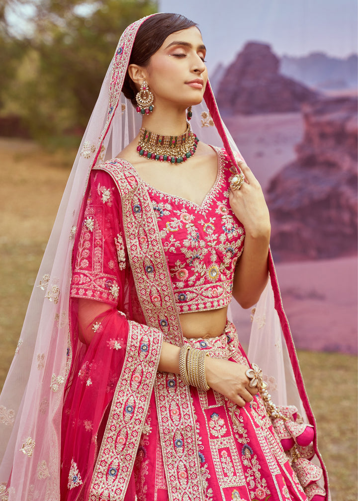 Pink Pure silk Moti, Sequins Embroidery Bridal Lehenga