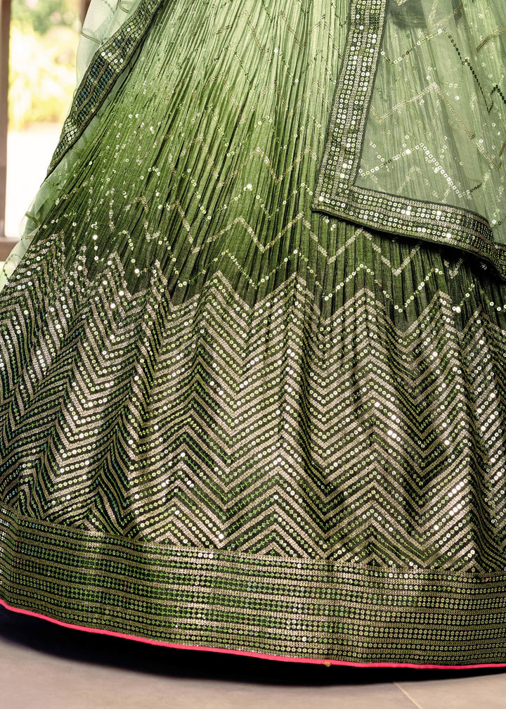 Mehendi Green Chinon Silk Lehenga With Sequence and Thread Embroidery Work