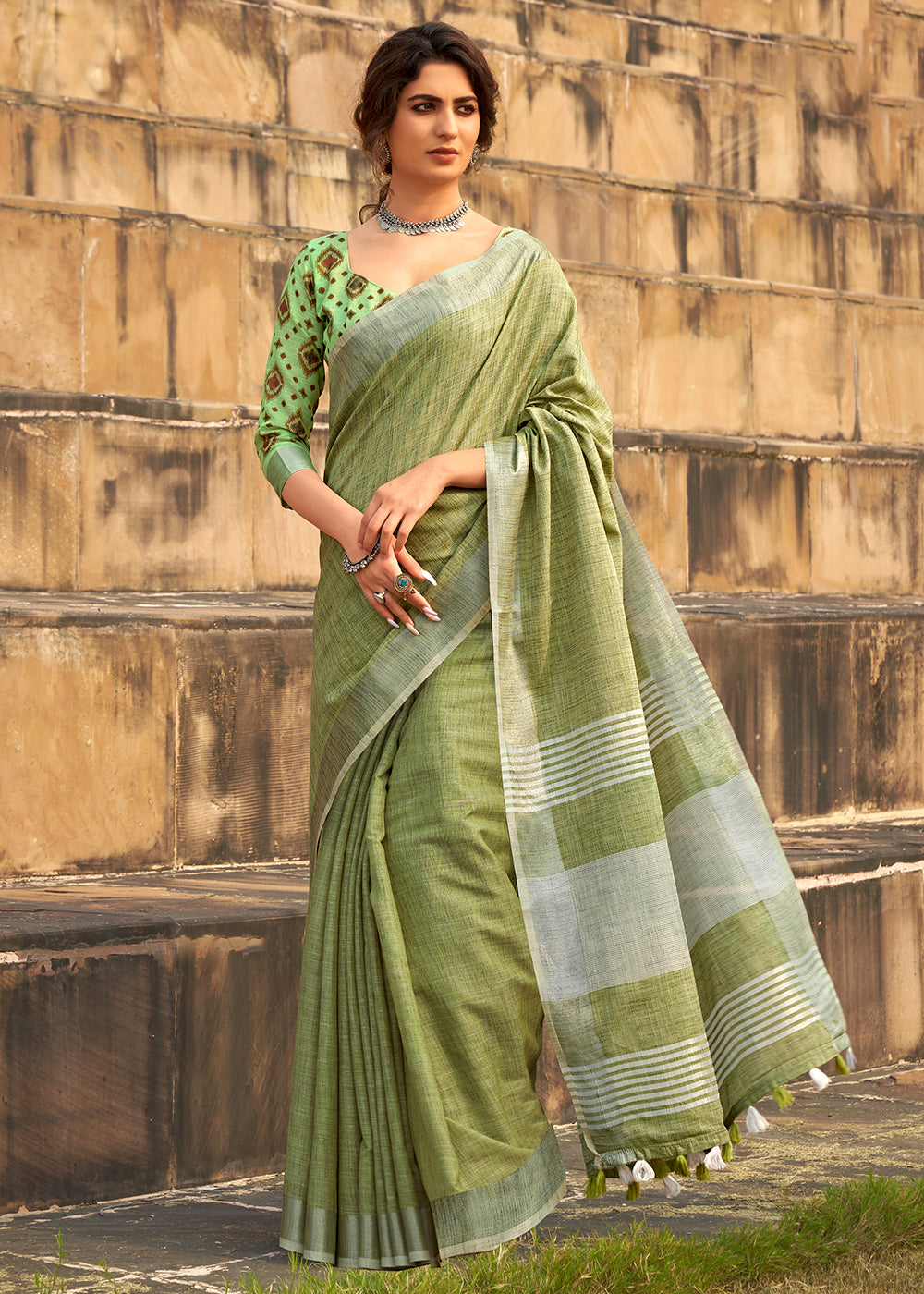 Lime Green Soft Linen Silk Saree with Khadi Print and  Tassels on Pallu