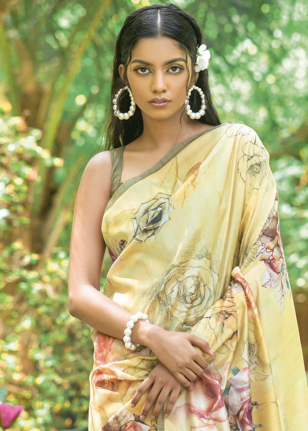 Blonde Yellow Floral Printed Silk Saree