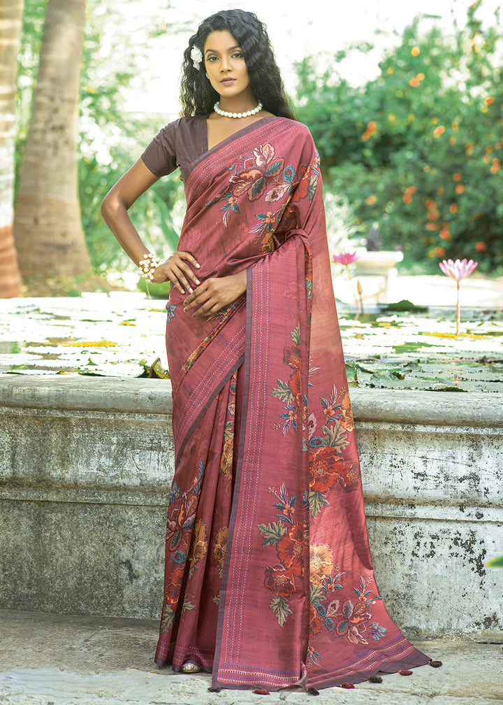 Red Purple Floral Printed Silk Saree