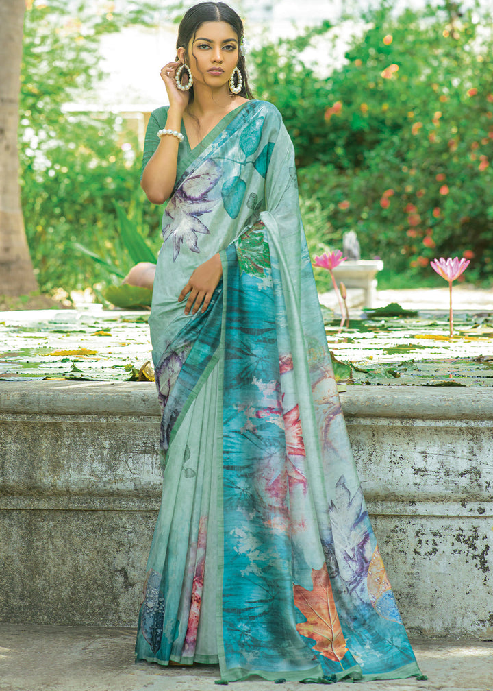 Shades Of Blue Floral Printed Silk Saree