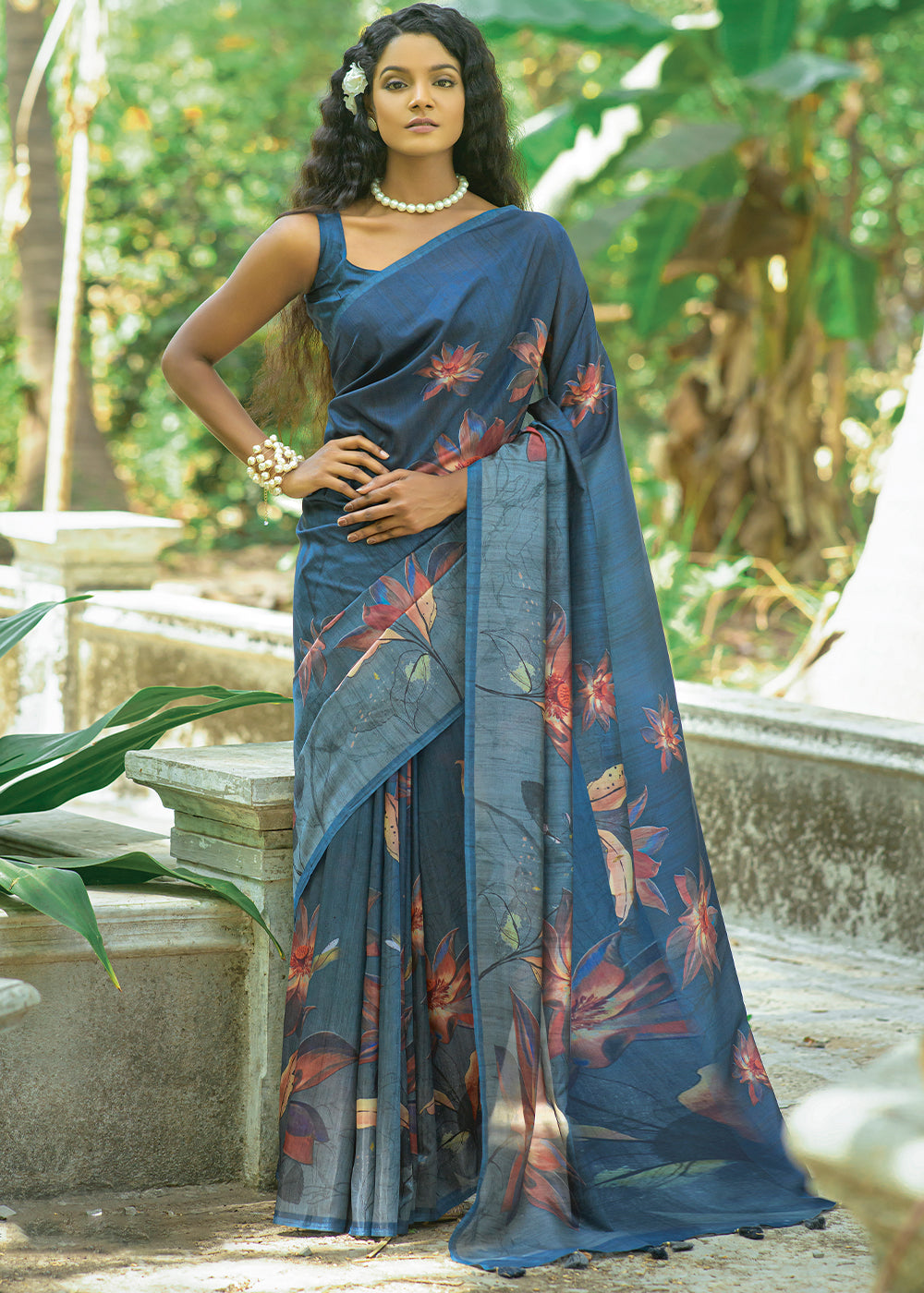 Yale Blue Floral Printed Silk Saree