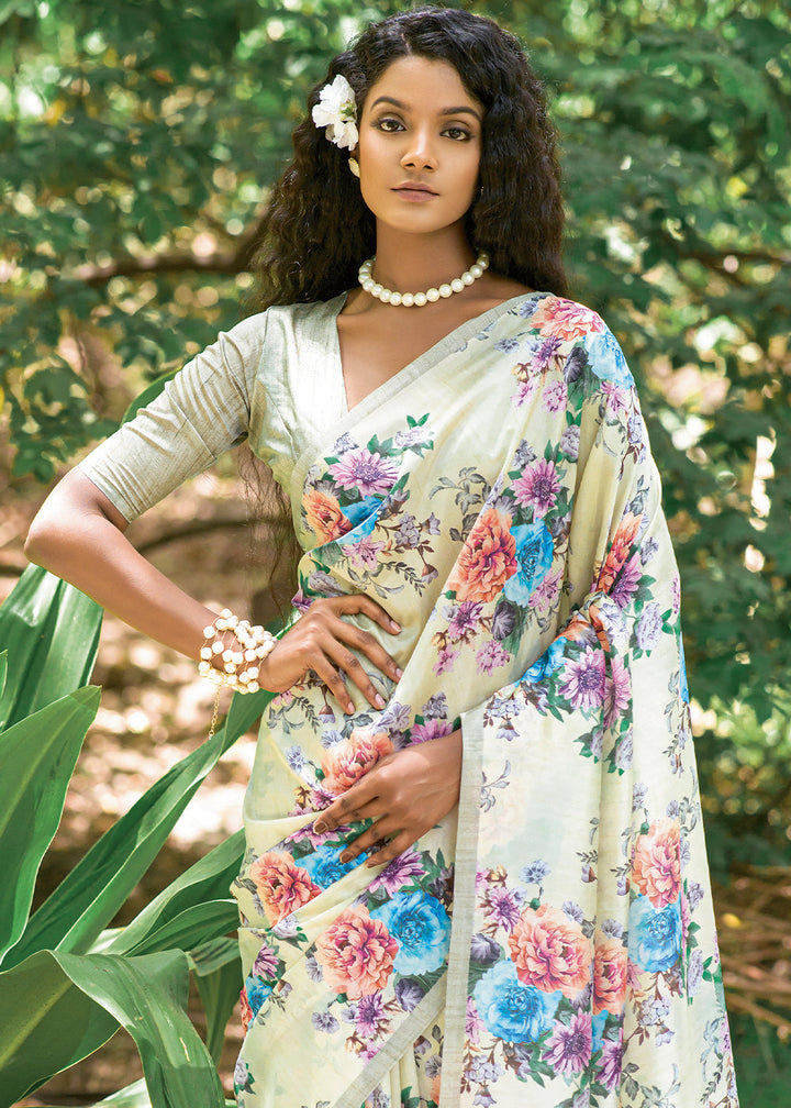 Parchment White Floral Printed Silk Saree