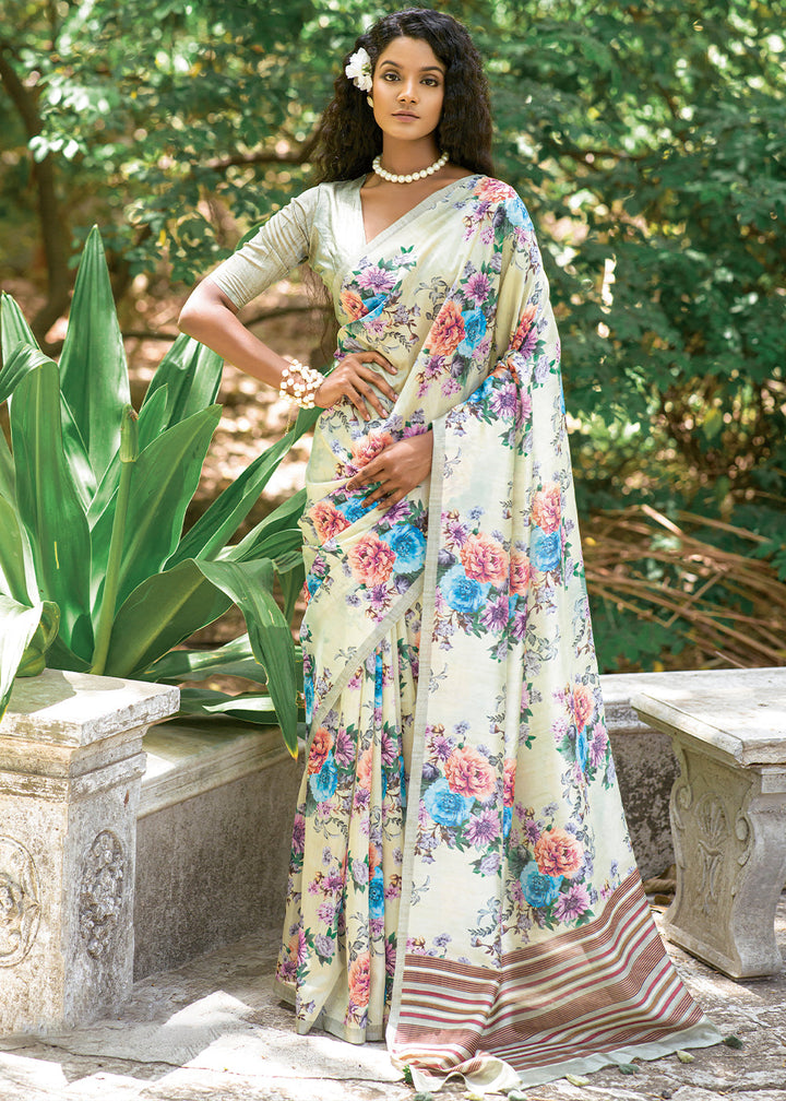 Parchment White Floral Printed Silk Saree