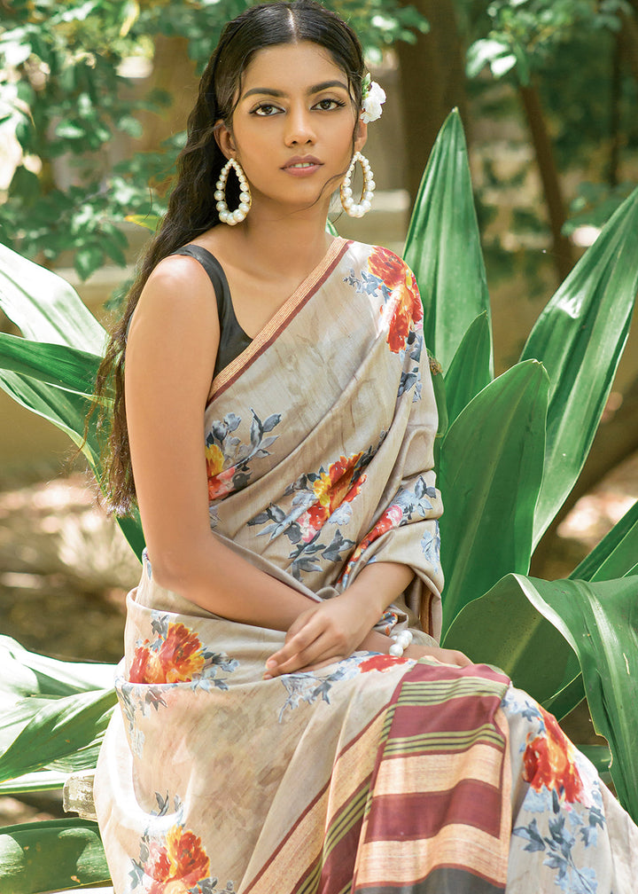 Greyish Brown Floral Printed Silk Saree