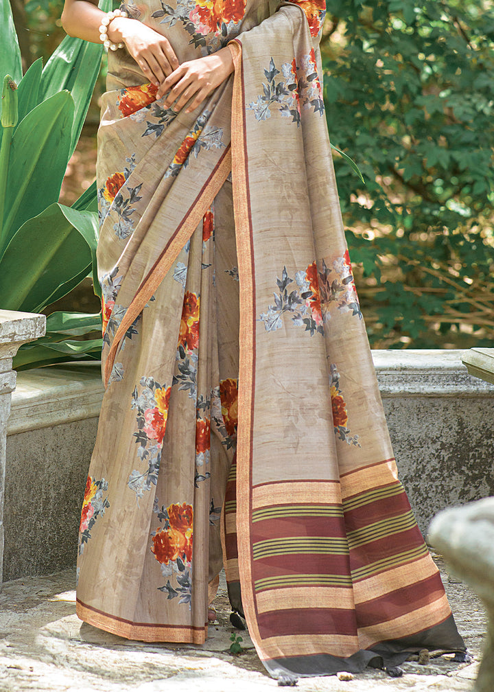 Greyish Brown Floral Printed Silk Saree