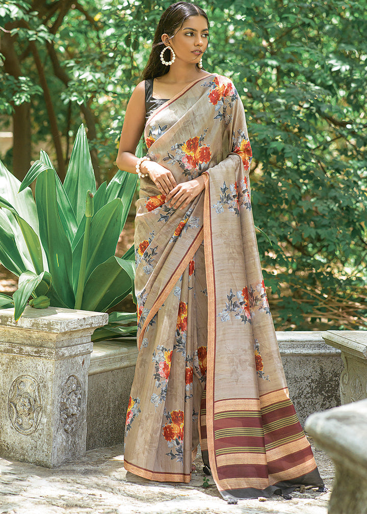 Greyish Brown Floral Printed Silk Saree