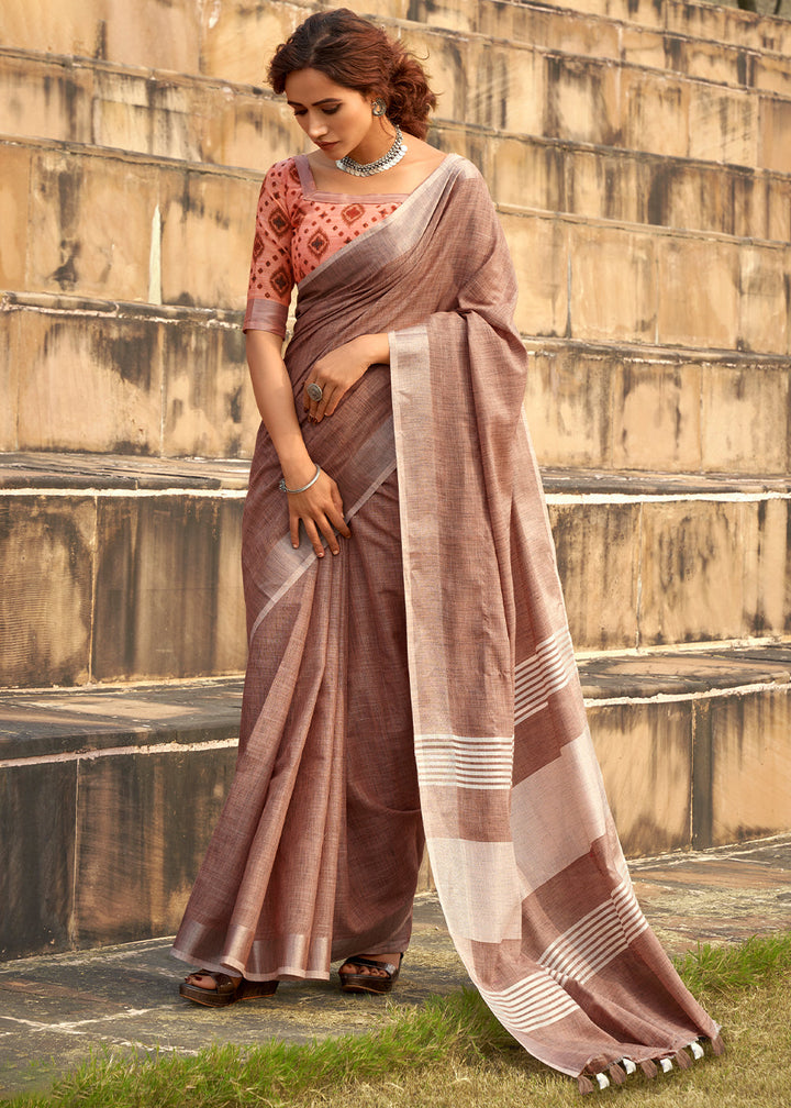 Tawny Brown Soft Linen Silk Saree with Khadi Print and  Tassels on Pallu