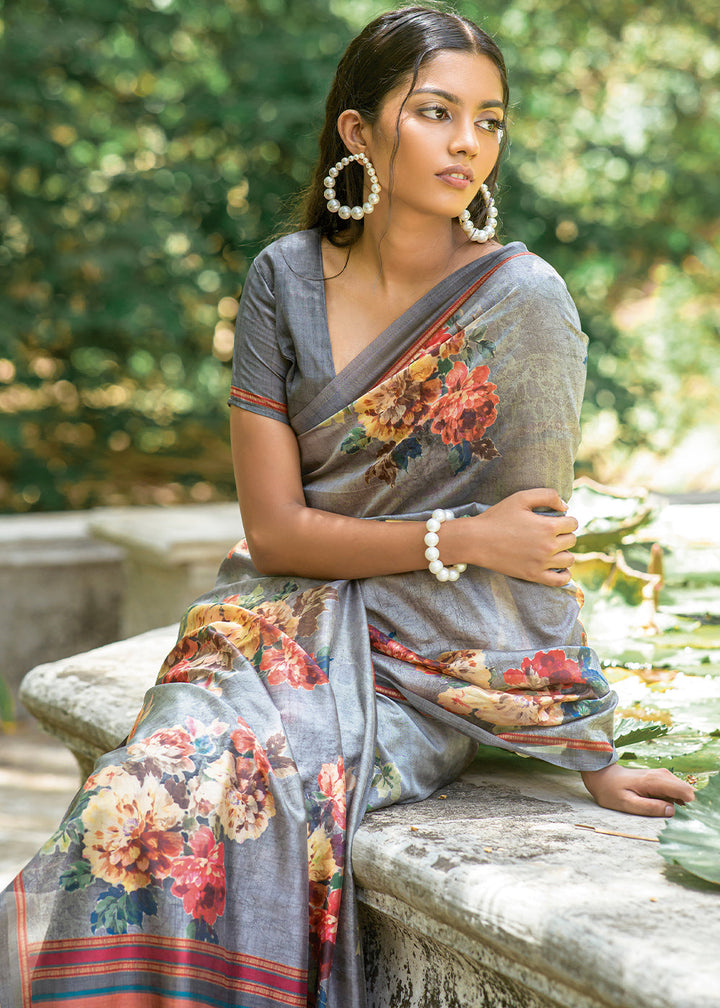 Light Grey Floral Printed Silk Saree