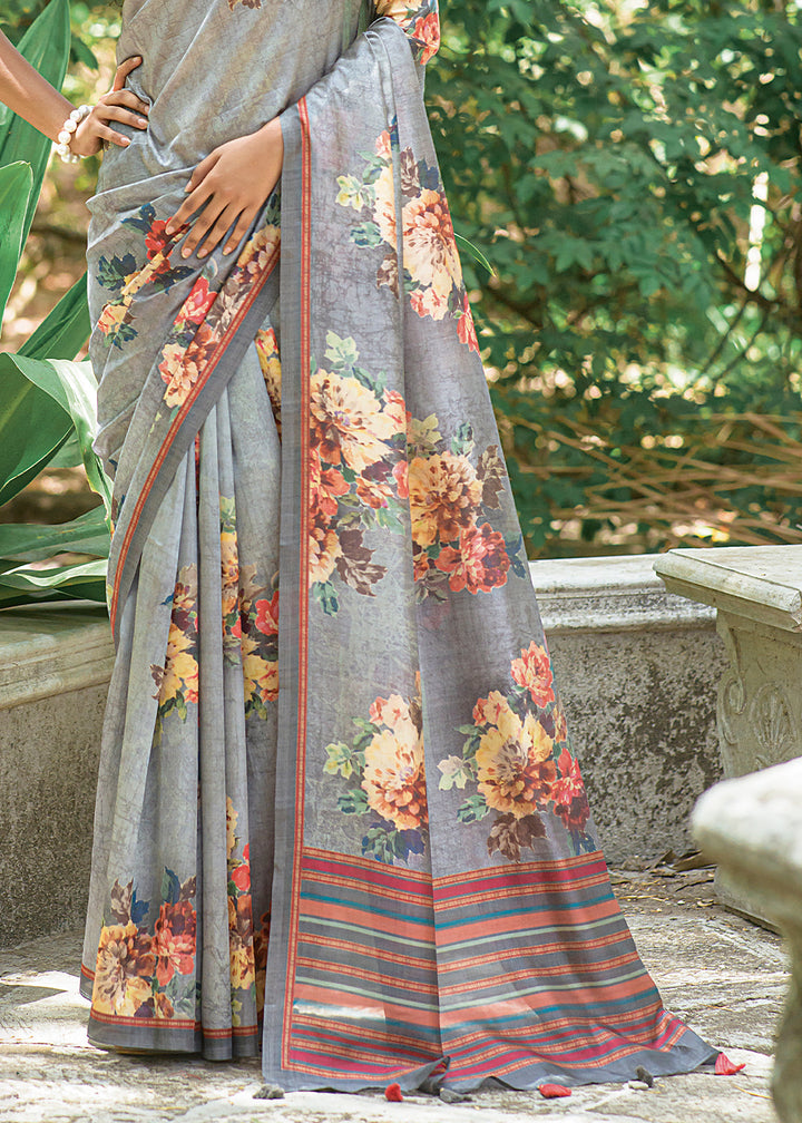 Light Grey Floral Printed Silk Saree