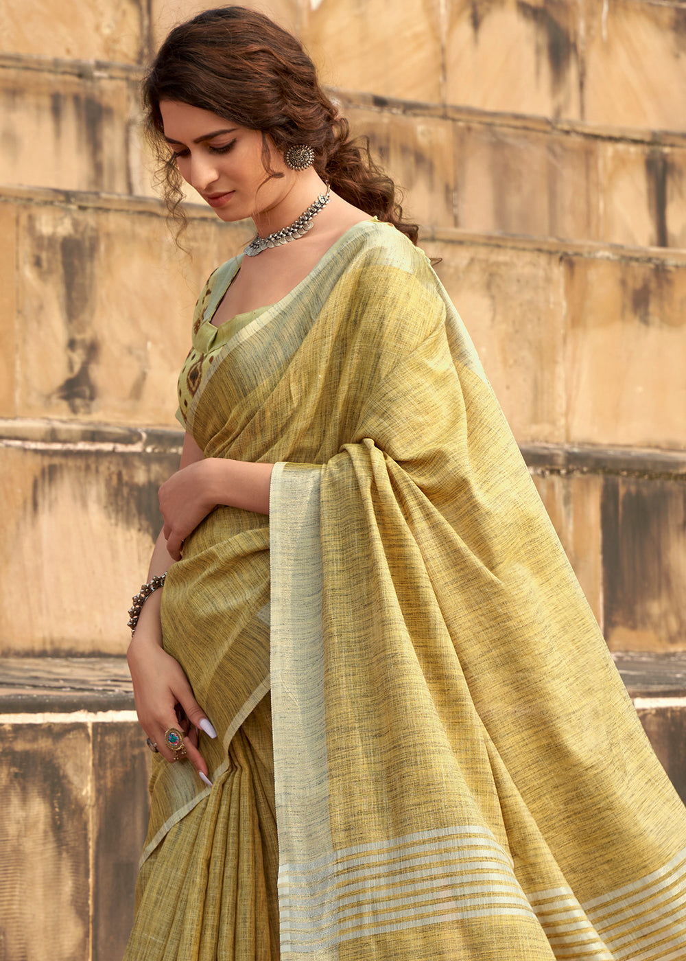 Royal Yellow Soft Linen Silk Saree with Khadi Print and  Tassels on Pallu