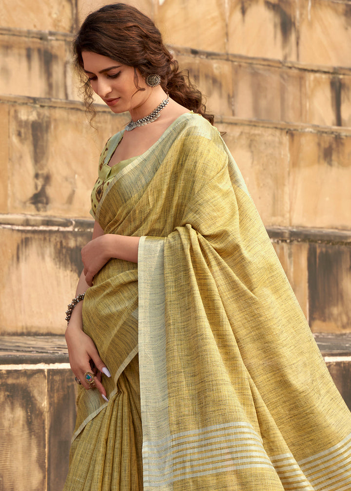 Royal Yellow Soft Linen Silk Saree with Khadi Print and  Tassels on Pallu