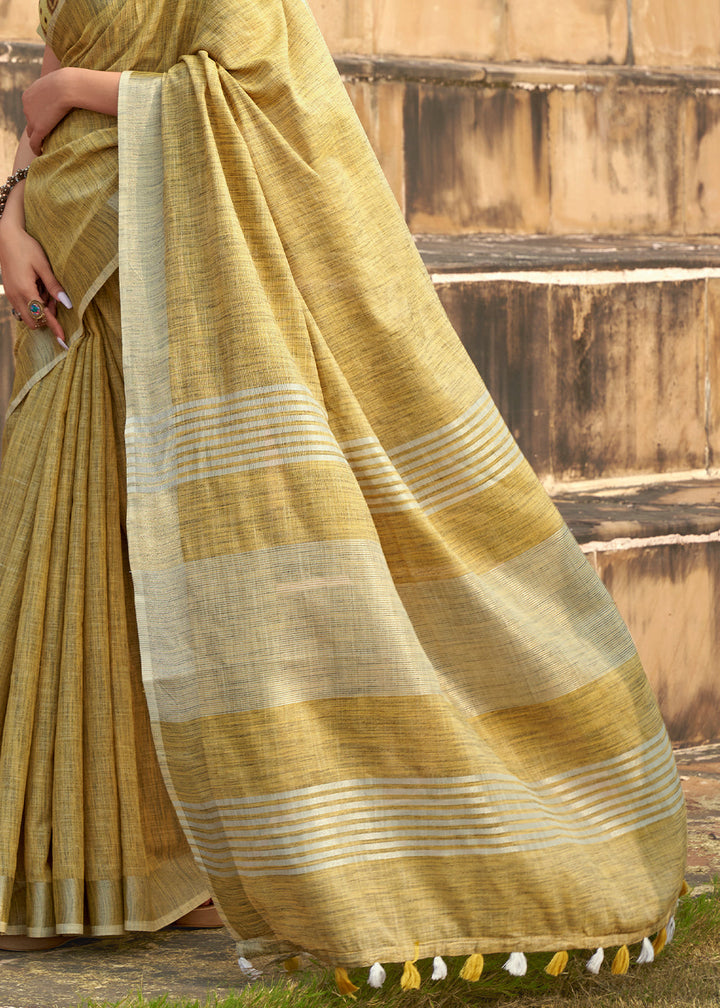 Royal Yellow Soft Linen Silk Saree with Khadi Print and  Tassels on Pallu