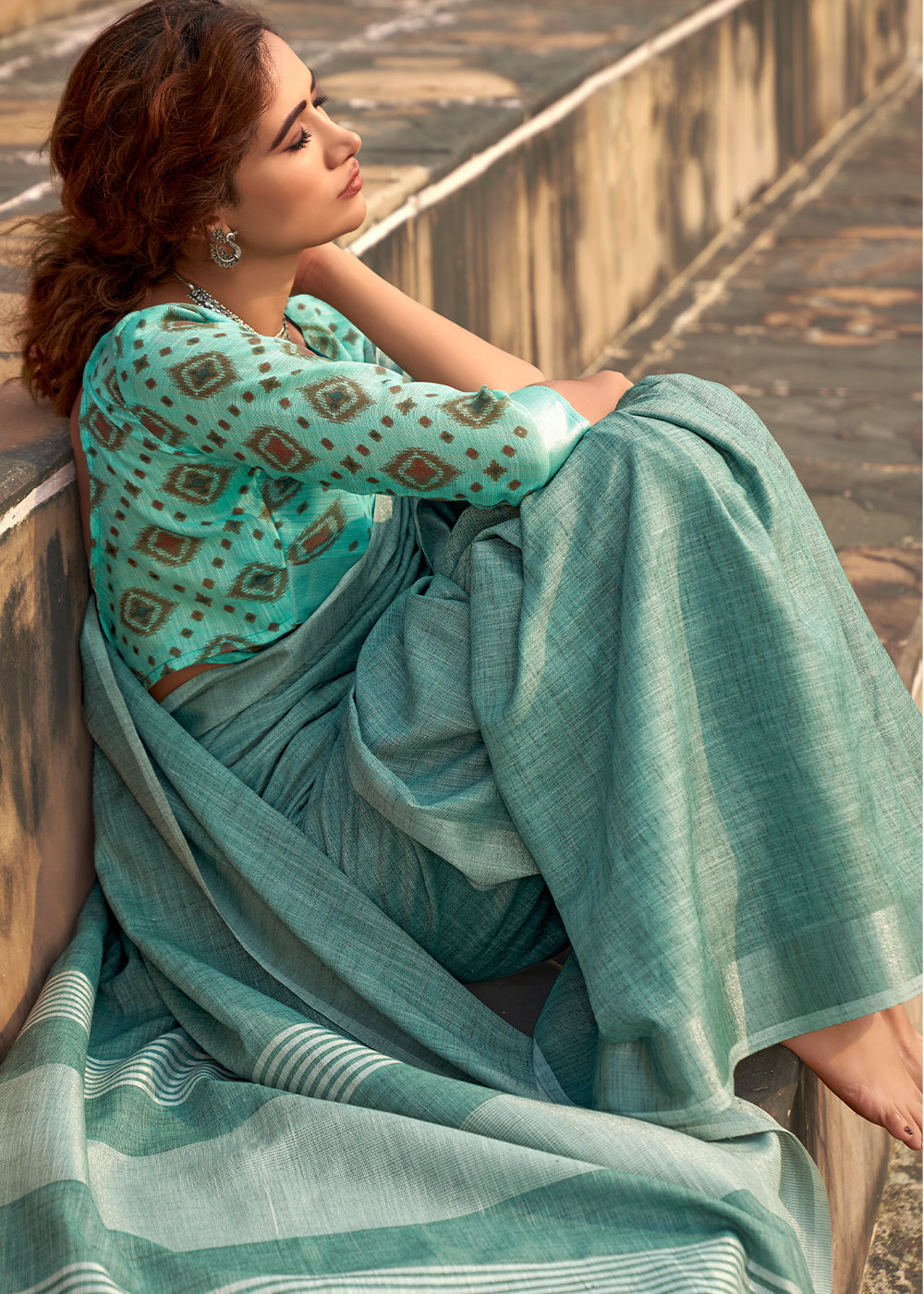 Teal Blue Soft Linen Silk Saree with Khadi Print and  Tassels on Pallu