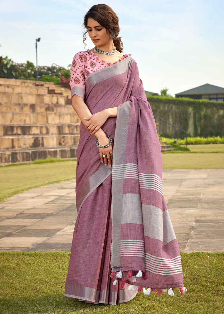 Mauve Soft Linen Silk Saree with Khadi Print and  Tassels on Pallu