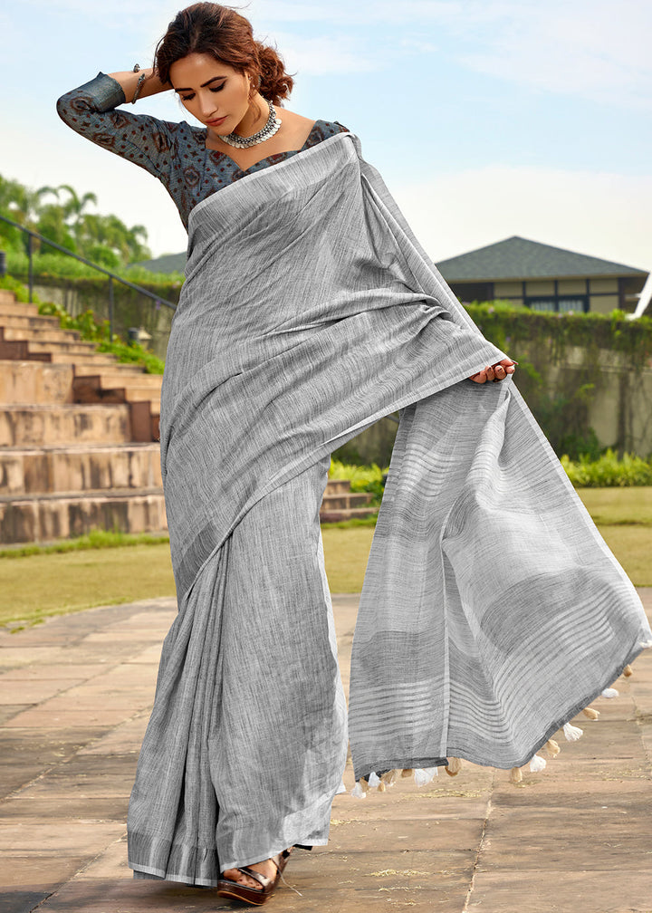 Smoke Grey Soft Linen Silk Saree with Khadi Print and  Tassels on Pallu