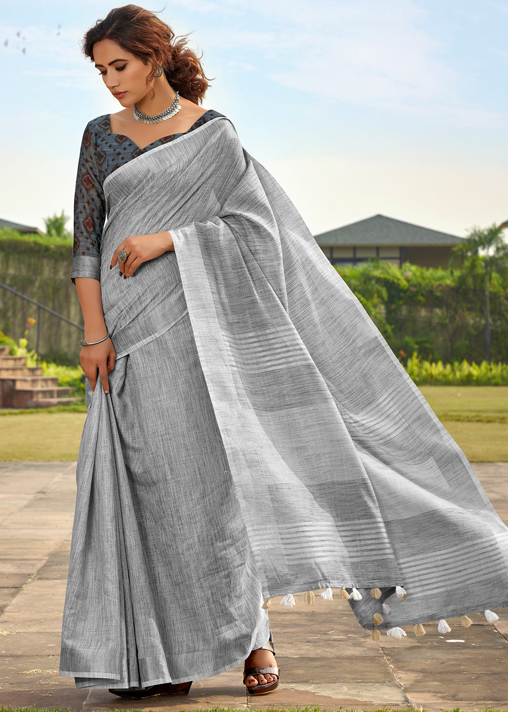 Smoke Grey Soft Linen Silk Saree with Khadi Print and  Tassels on Pallu