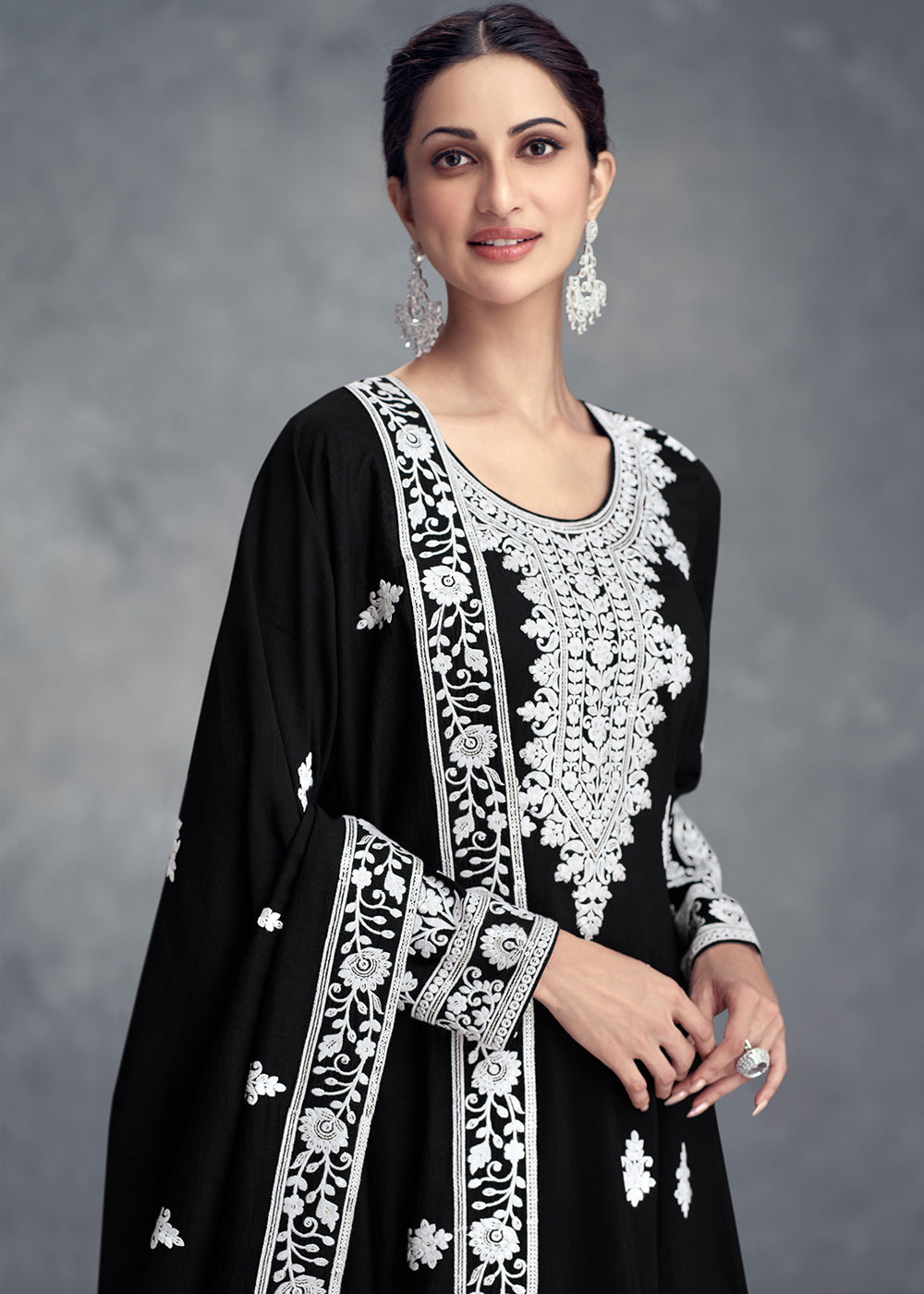 Jade Black Floral Embroidery Chinon Plazzo Suit