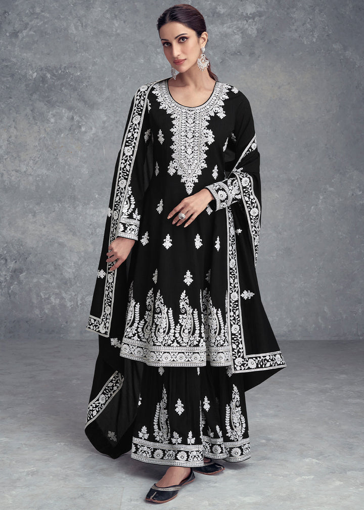 Jade Black Floral Embroidery Chinon Plazzo Suit